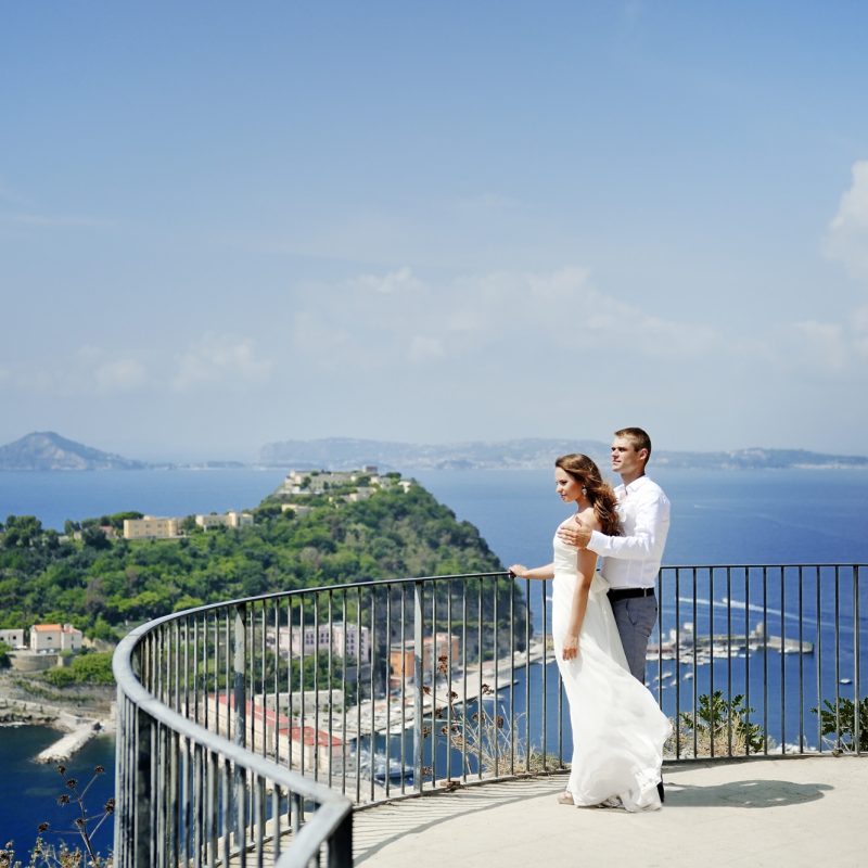 happy bride and groom in wedding day in Naples, Italy